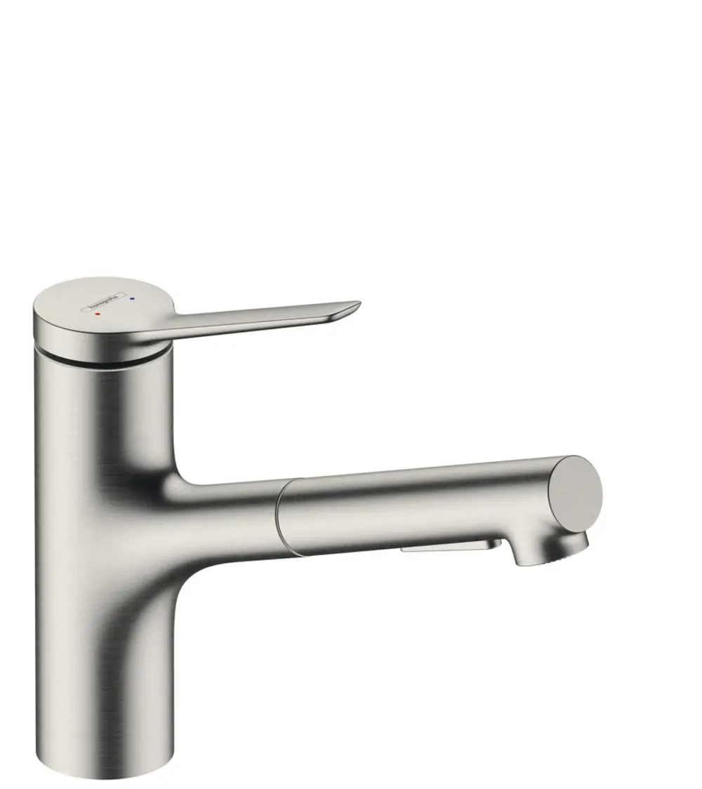 Hansgrohe Spültischmischer in Edelstahloptik mit einem Hebel und einem Auslauf für eine flexible Nutzung. Designsprache ist funktional und modern.